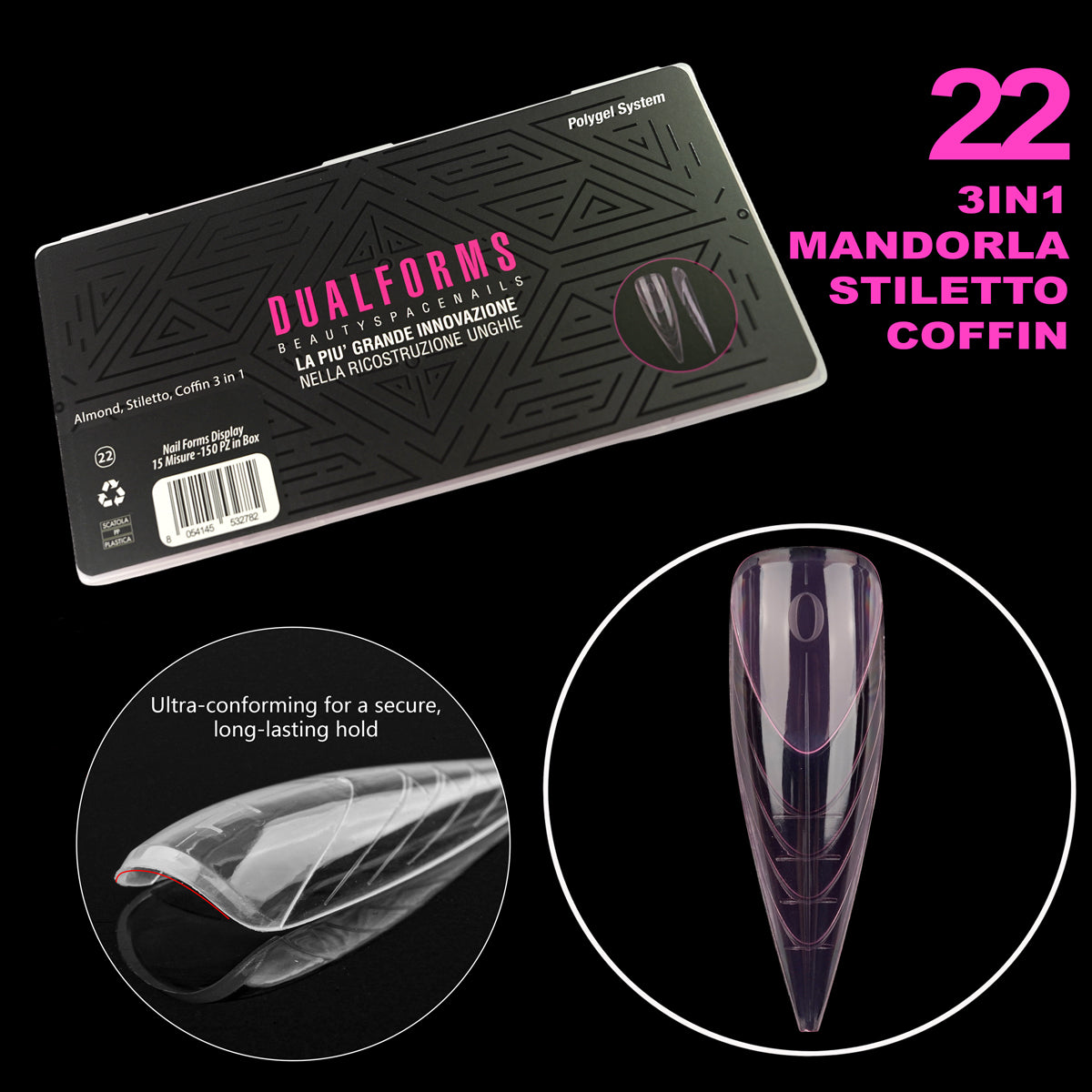 Dual Form 22 - 3in1 - Almond, Stiletto, Coffin + French - Formine rosa trasparenti rosa in box 150 PZ
