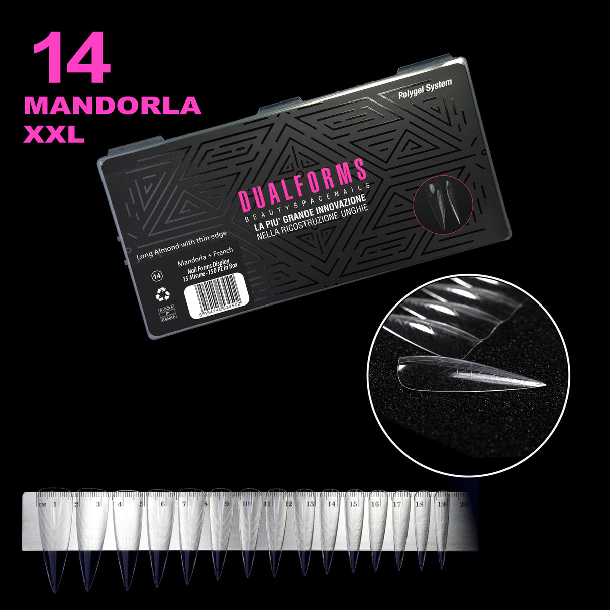 Dualforms 14 - Mandorla XXL 0mm - Dual form in Box - Formine trasparenti 15 misure 150 pezzi