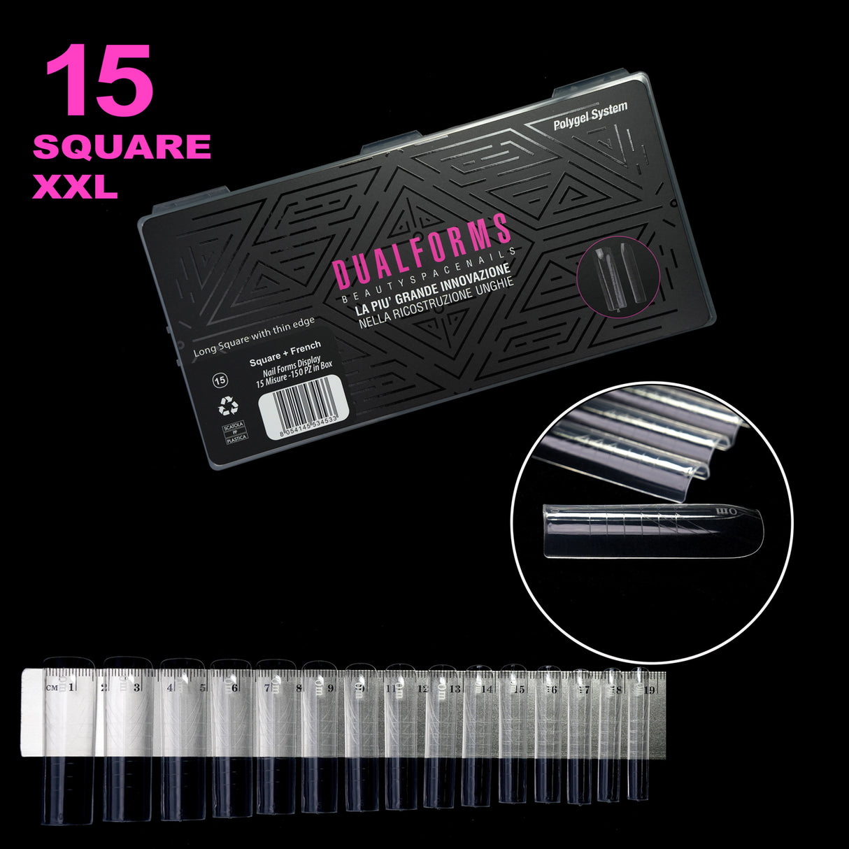 Dualforms 15 - Square XL 0MM - Dual form in Box - Formine trasparenti 150 pezzi 15 misure