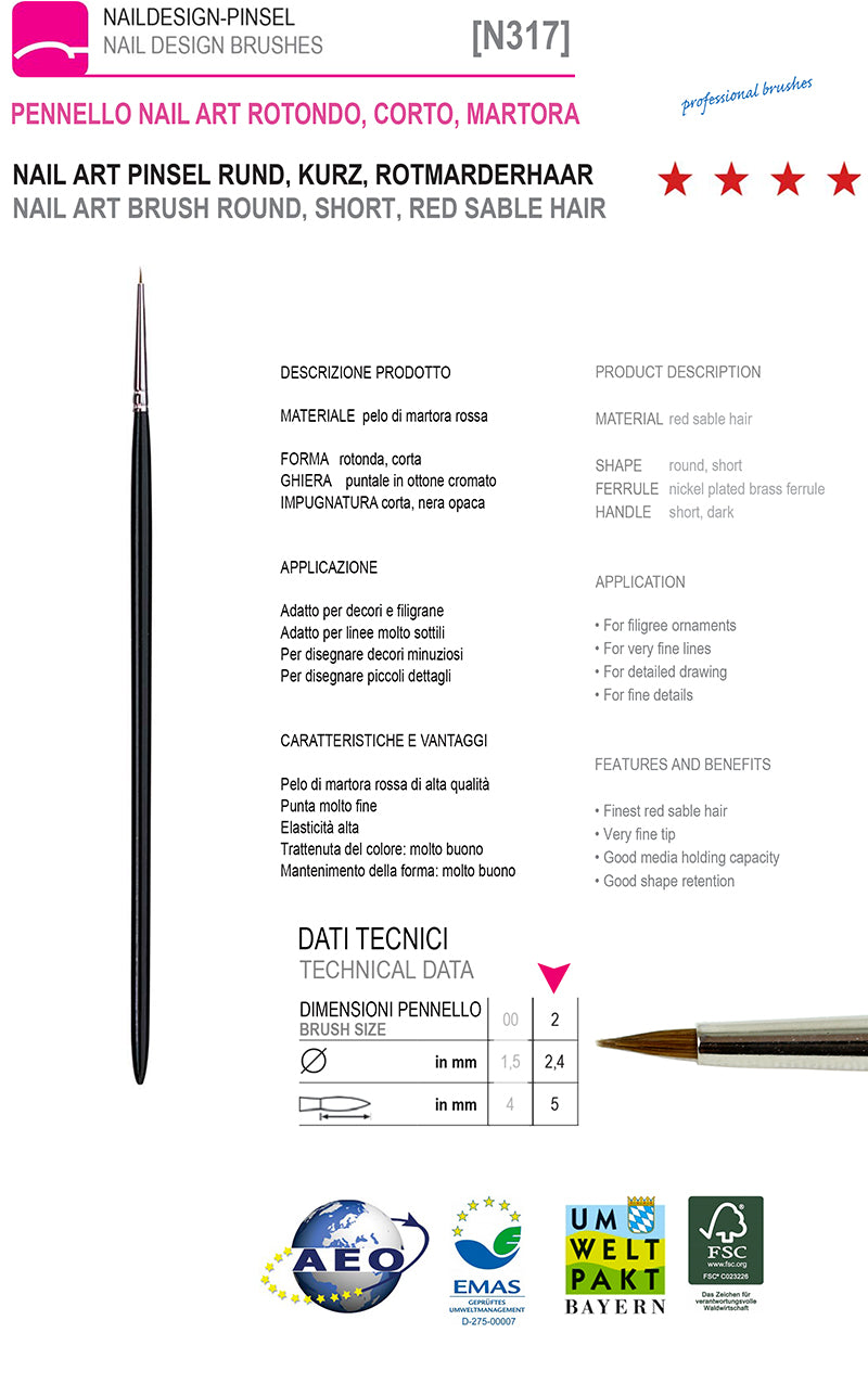 317-N° 2 - Pennello Nail Art, Rotondo, Corto, Martora Rossa 317-N° 2