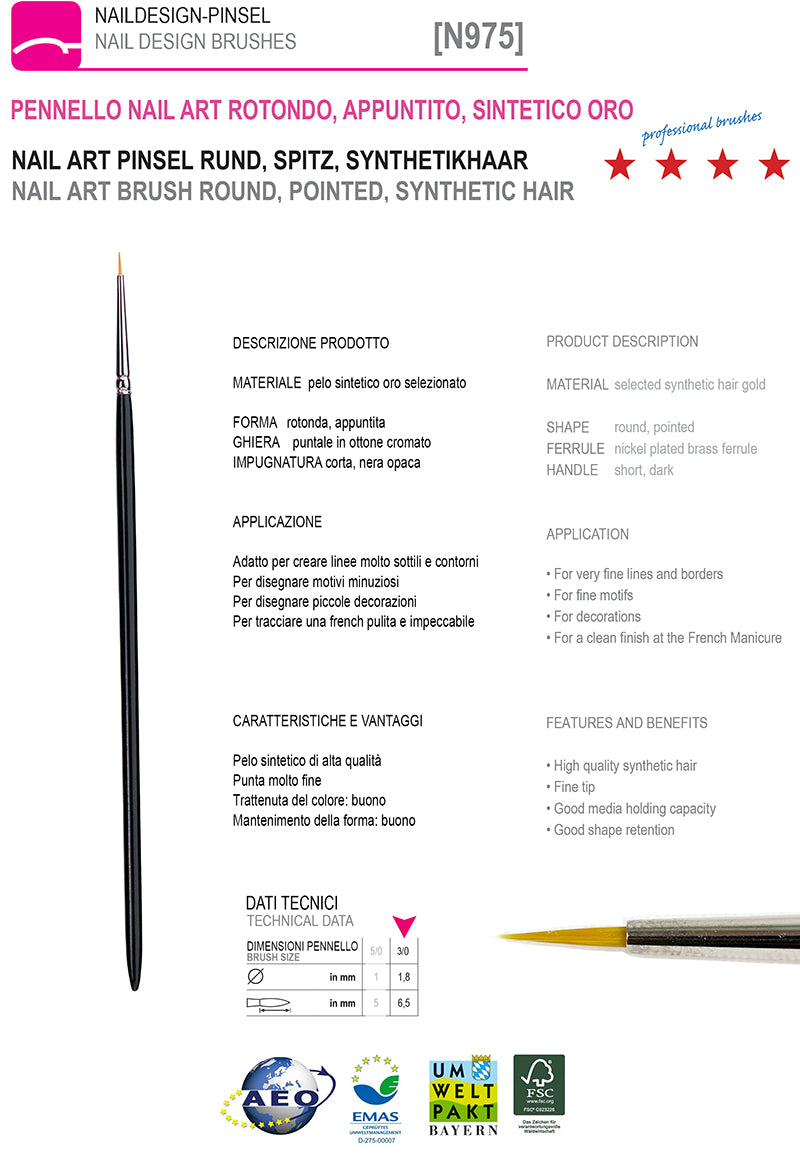 975-N° 3/0 - Pennello Nail Art Rotondo, Appuntito, Sintetico Toray Oro 975-N° 3/0