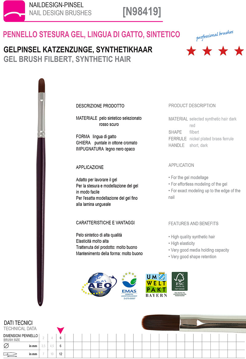 98419-N°6 - Pennello Stesura Gel, Lingua di Gatto Ovale, sintetico
