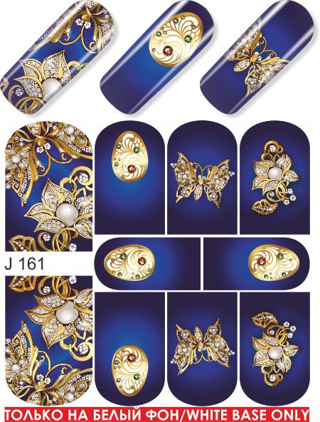 Water decals disegno pieno blue con fiori e farfalle metal oro