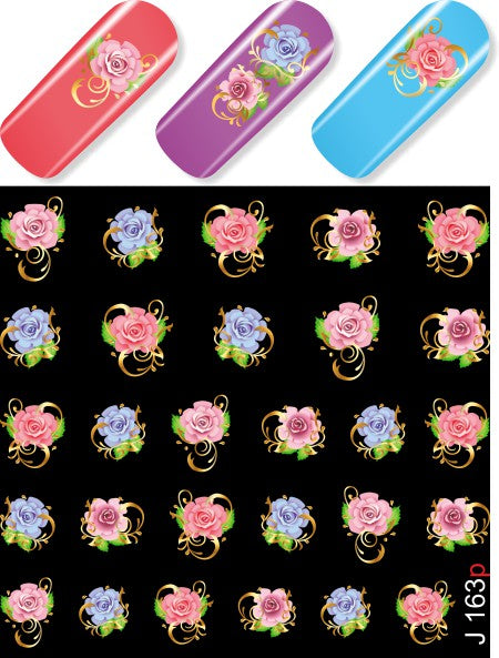 Stickers Adesivi Nail art Water decals rose colorate effetto metal oro