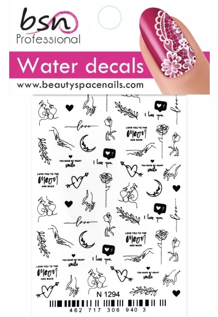 Stickers Adesivi Nail Art Water decals motivi stilizzati, mani, cuori - black