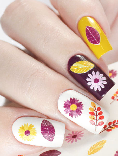 Stickers Adesivi Nail Art Water decals Natalizi con fiori e foglie autunnali 3D