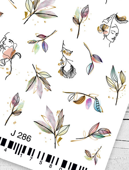 Stickers Adesivi Nail Art Water decals motivi foglie e volti donna colori pastello