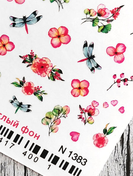 Stickers Adesivi Nail Art Water decals motivi libellule e fiori rossi