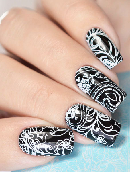 Stickers Nail art Water decals bianco, vortici, fiori, foglie