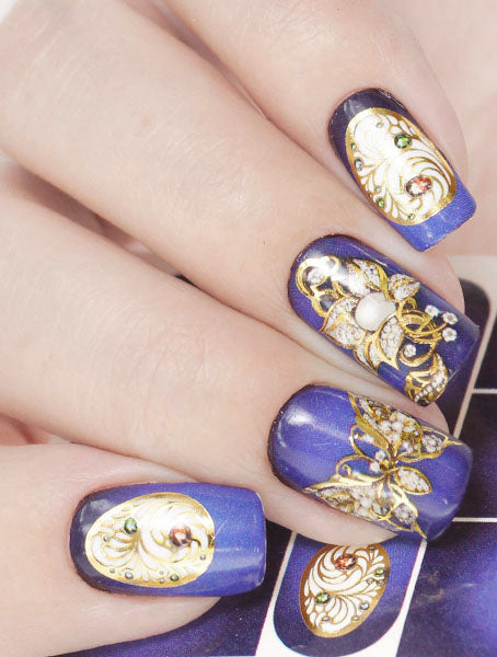 Water decals disegno pieno blue con fiori e farfalle metal oro