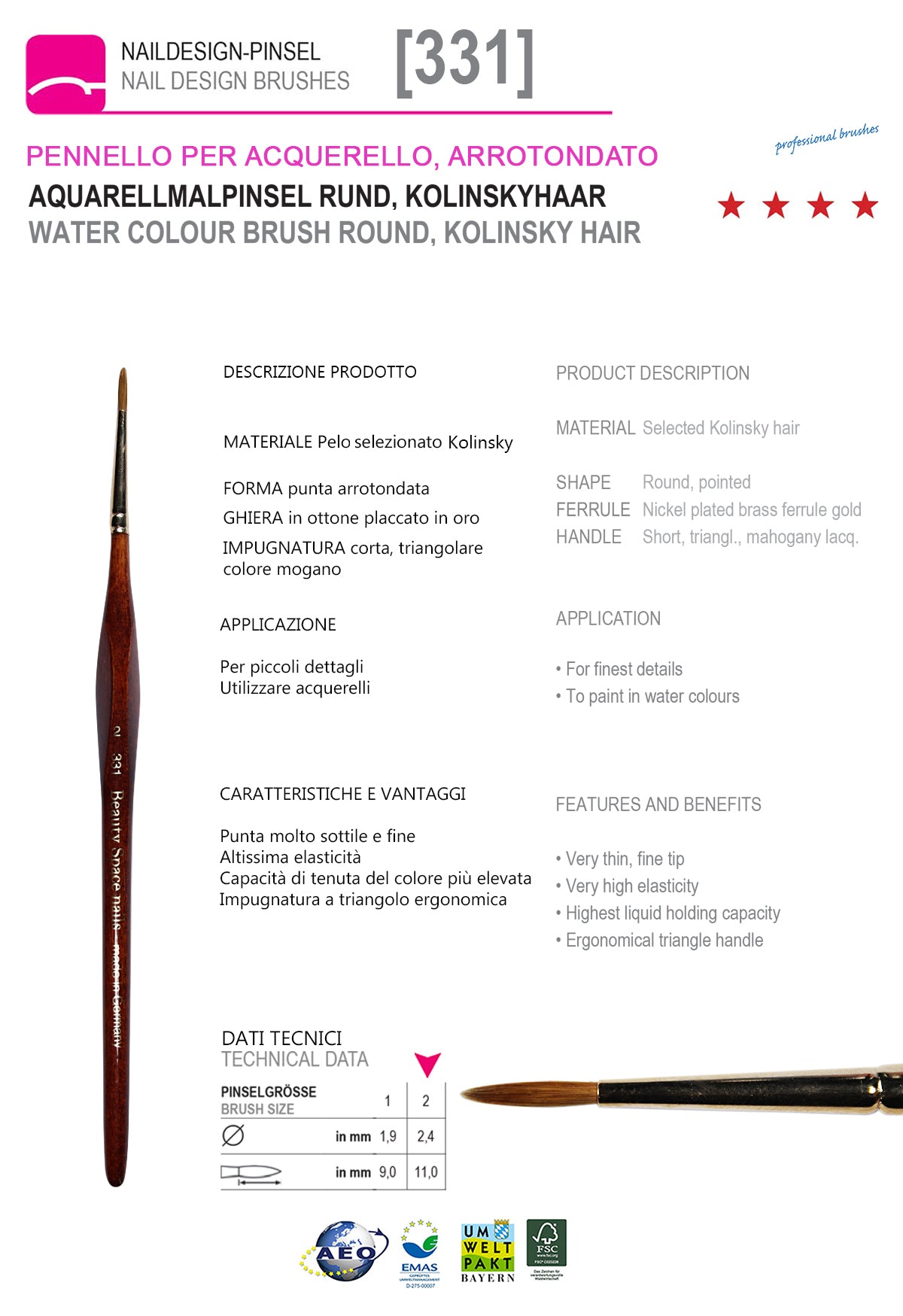 331-N°2 - Pennello nail art per tecnica ad acquerello, rotondo 331-N°2