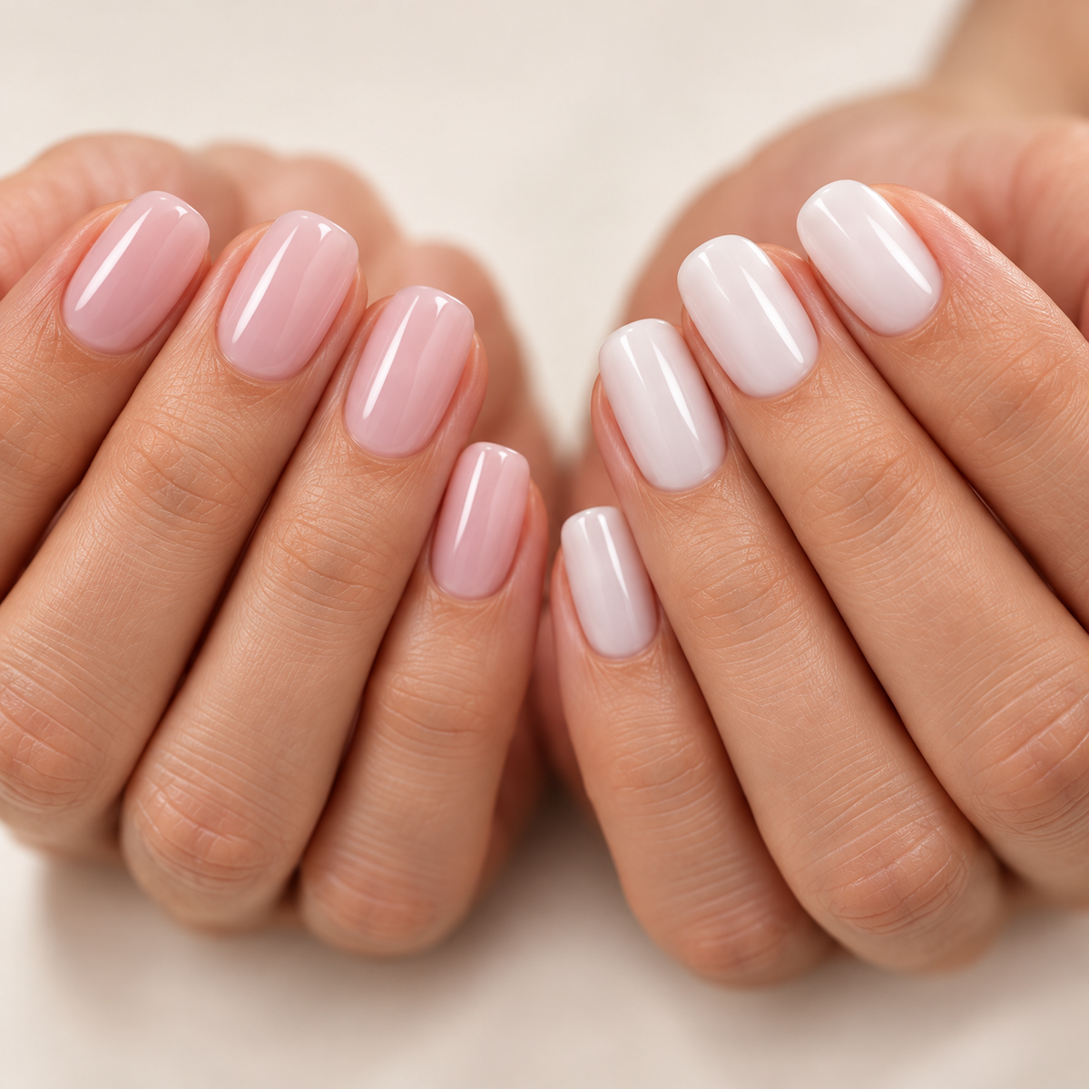 Unghie con top coat Milky Rose e Milky White senza dispersione – effetto lattiginoso lucido