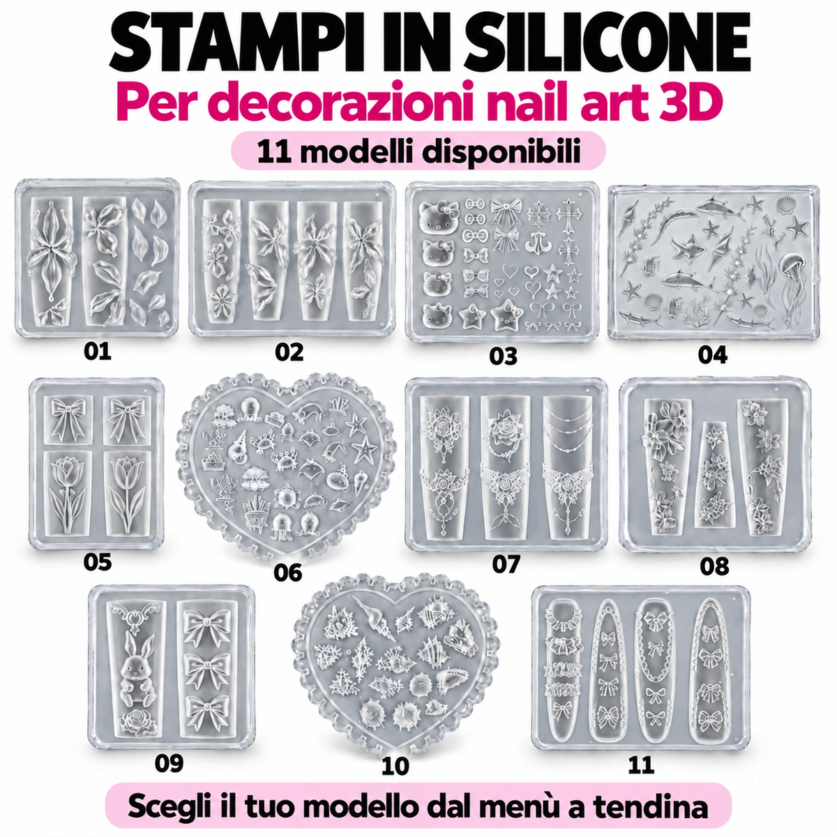 Stampini in silicone per nail art 3D - 11 modelli disponibili