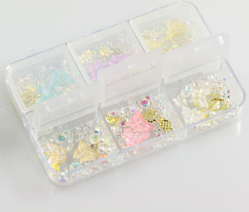 Box 6 decorazioni per unghie e nail art - farfalle, pietre preziose e diamantini