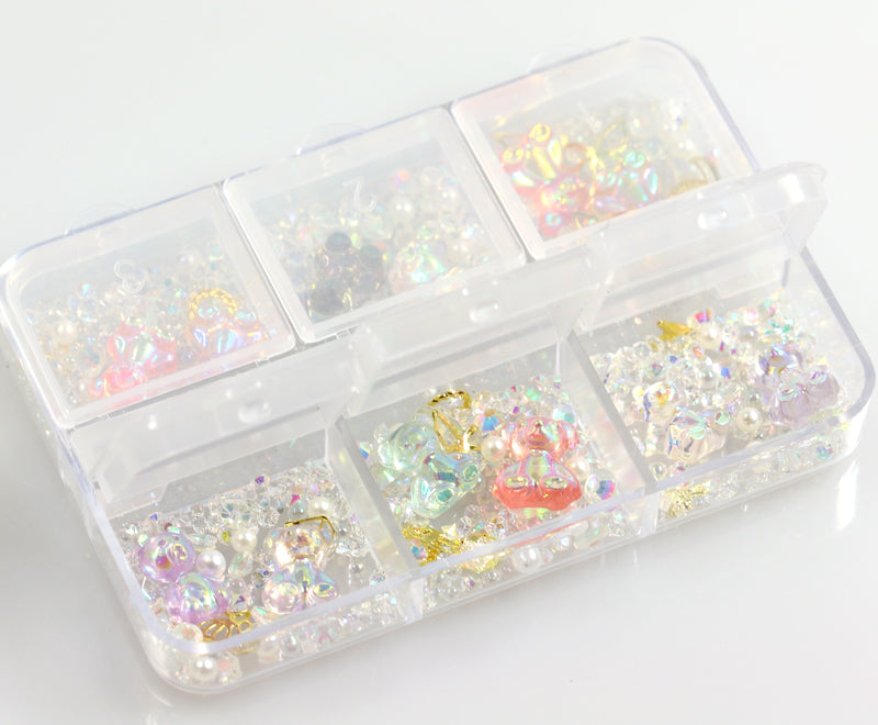 Box 6 decorazioni per unghie e nail art - orsetti, pietre preziose e diamantini