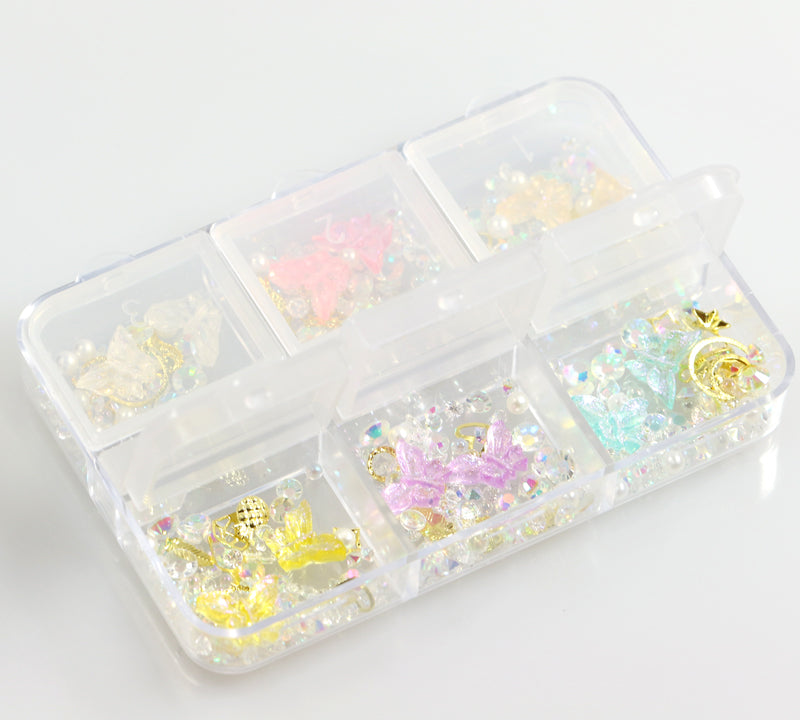 Box 6 decorazioni per unghie e nail art - farfalle, pietre preziose e diamantini