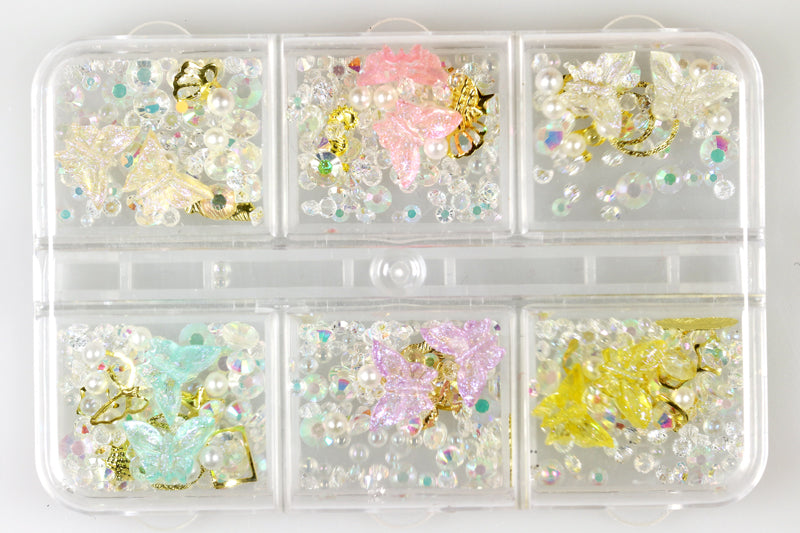 Box 6 decorazioni per unghie e nail art - farfalle, pietre preziose e diamantini