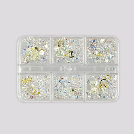 Box 6 decorazioni per unghie e nail art - fiocchetti, varie forme, pietre preziose e diamantini
