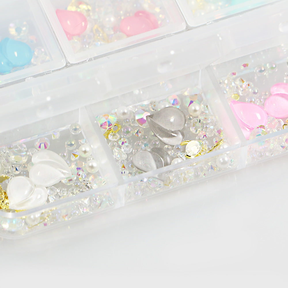 Box 6 decorazioni per unghie e nail art - cuori colorati, varie forme, pietre preziose e diamantini