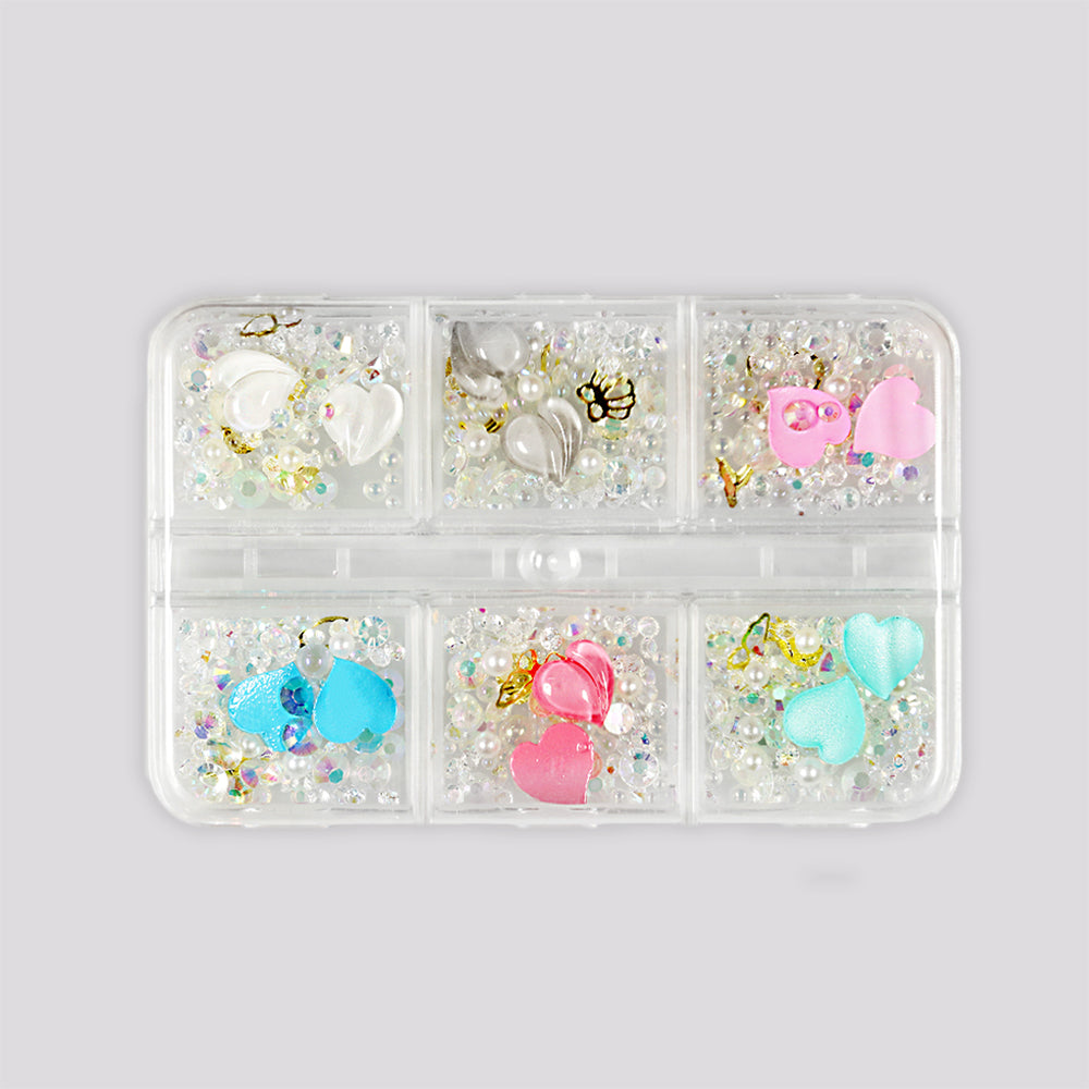 Box 6 decorazioni per unghie e nail art - cuori colorati, varie forme, pietre preziose e diamantini