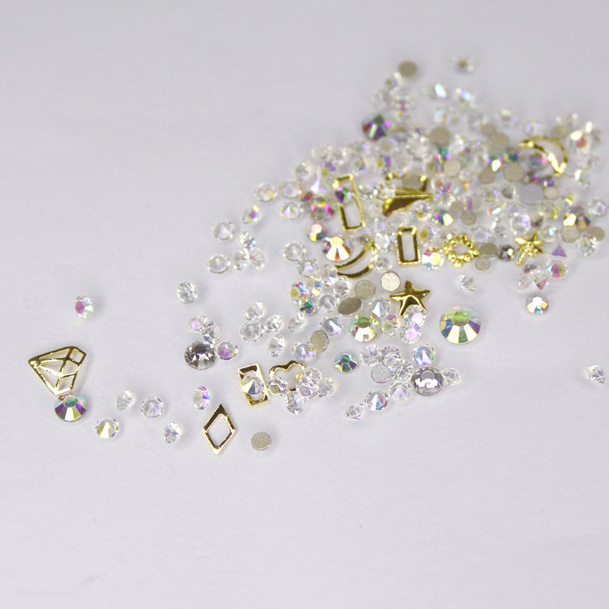 Box 12 decorazioni per unghie e nail art - swarovski crystal, diamantini e inserti gold