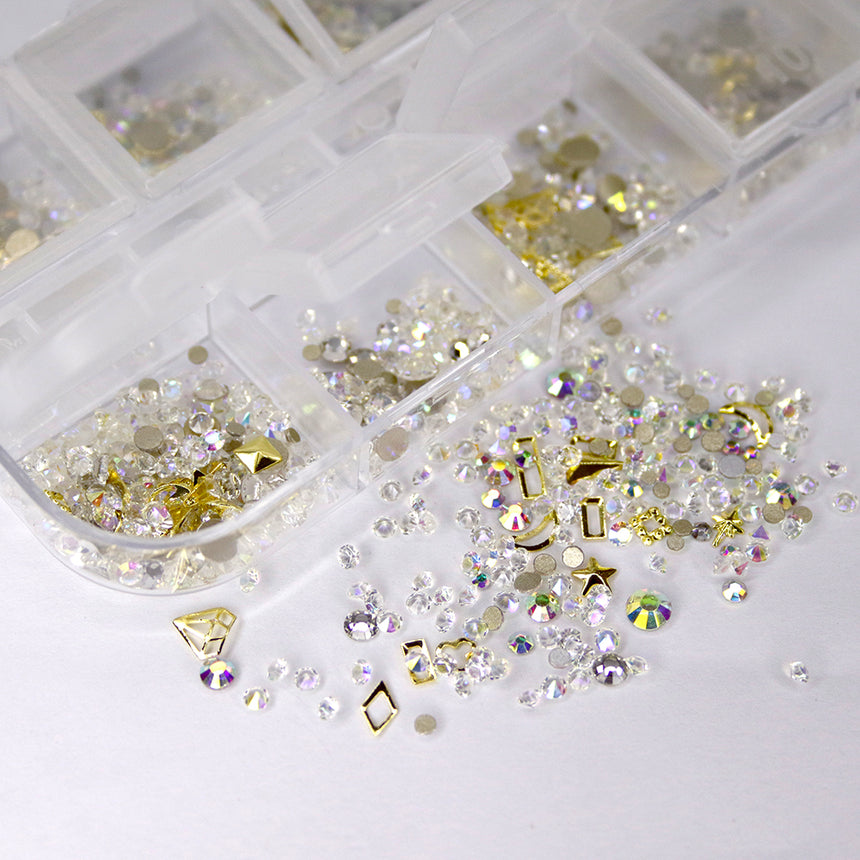 Box 12 decorazioni per unghie e nail art - swarovski crystal, diamantini e inserti gold