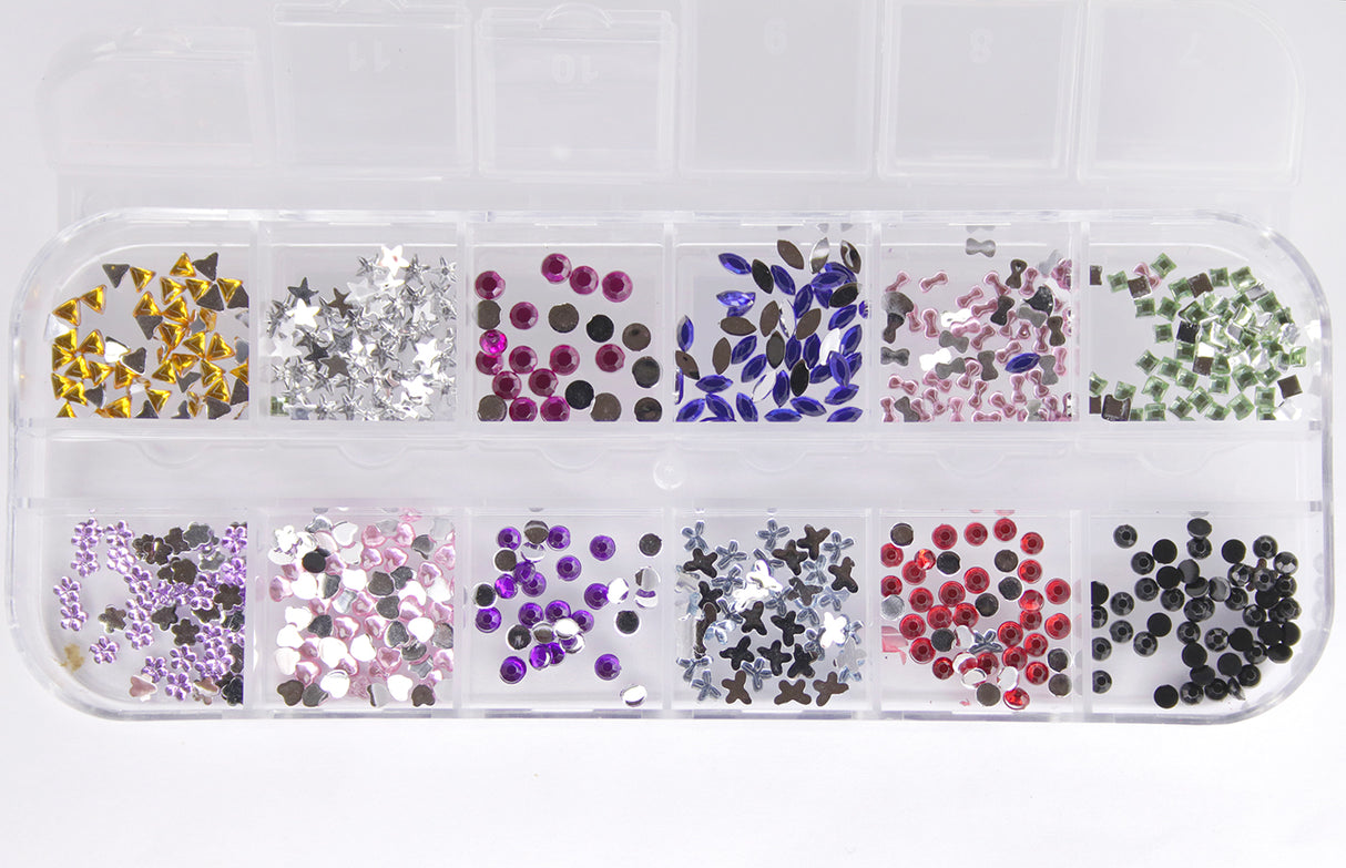 Box 12 decorazioni per unghie e nail art - strass colorati varie forme e grandezze