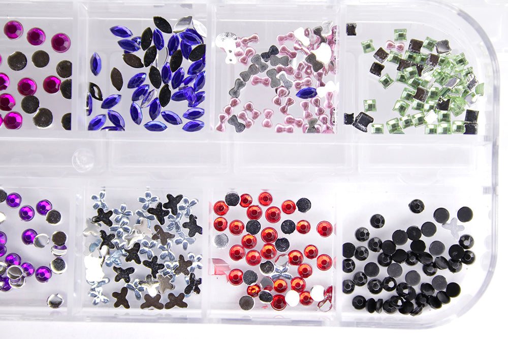 Box 12 decorazioni per unghie e nail art - strass colorati varie forme e grandezze