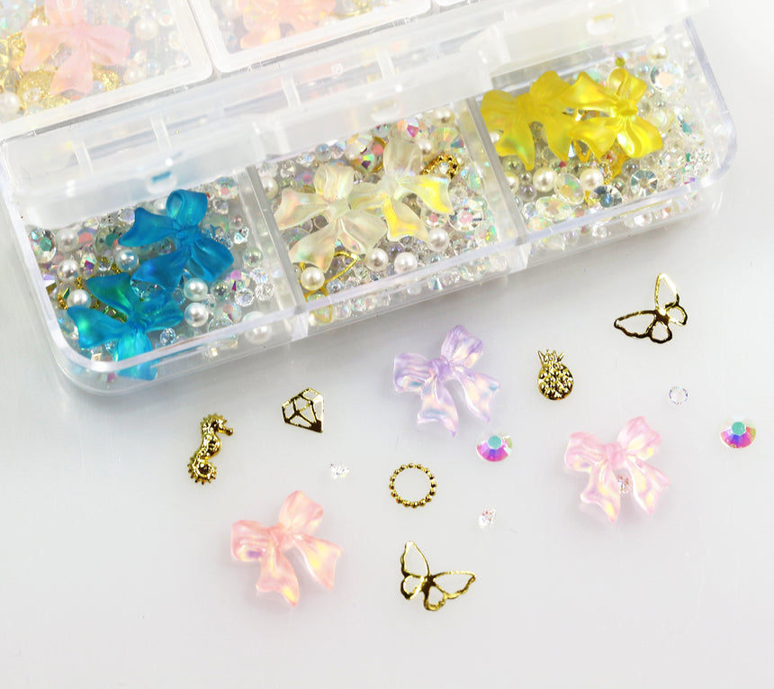 Box 6 decorazioni per unghie e nail art - fiocchi, pietre preziose e diamantini