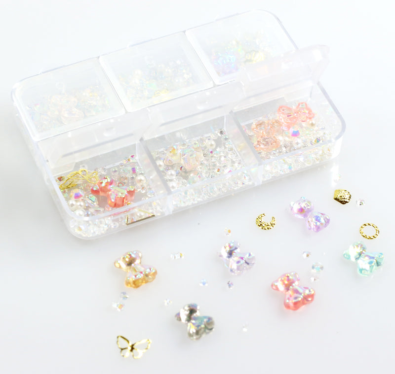 Box 6 decorazioni per unghie e nail art - orsetti, pietre preziose e diamantini