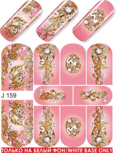 Water decals disegno pieno rosa con fiori e brillanti metal oro