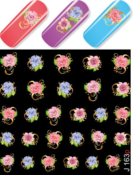 Stickers Adesivi Nail art Water decals  rose colorate effetto metal oro
