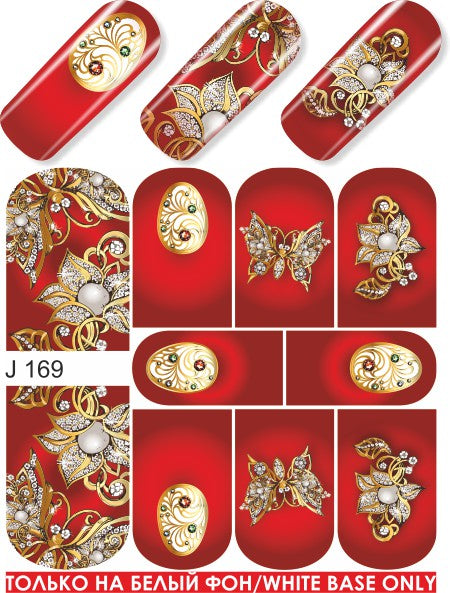 Water decals disegno pieno rosso con fiori e farfalle metal oro