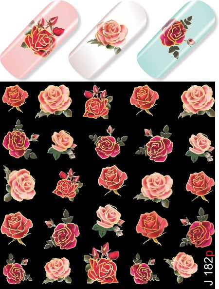 Stickers Adesivi Nail art Water decals  rose rosse effetto metal oro