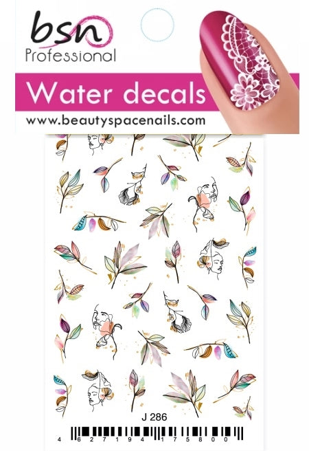 Stickers Adesivi Nail Art Water decals motivi foglie e volti donna colori pastello