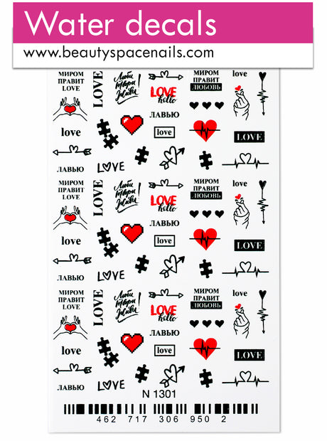 Stickers Adesivi Nail Art Water decals motivi cuori, cupido, angeli stilizzati - rosso e black