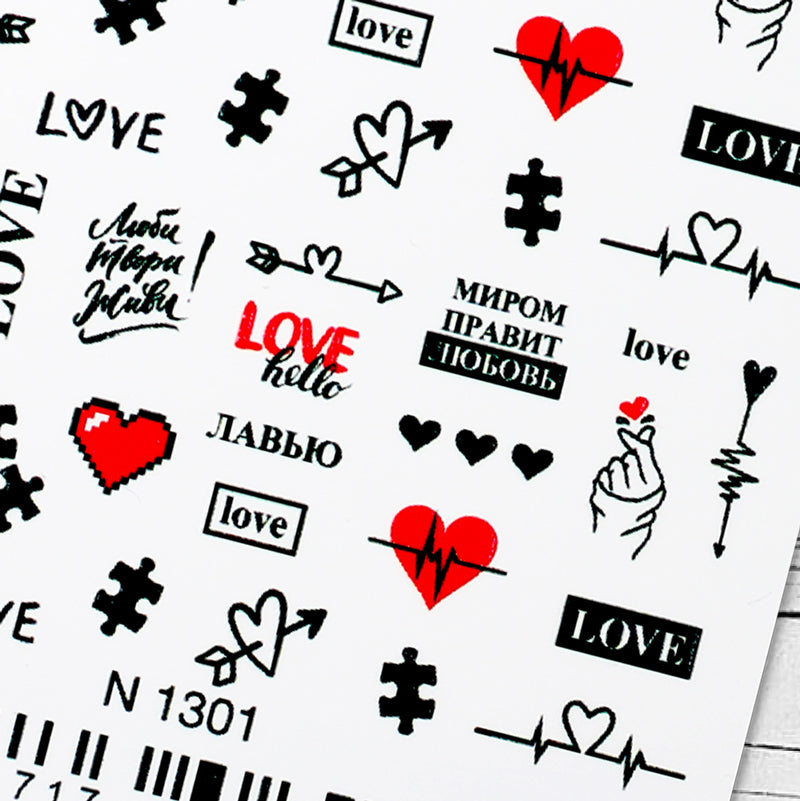 Stickers Adesivi Nail Art Water decals motivi cuori, cupido, angeli stilizzati - rosso e black