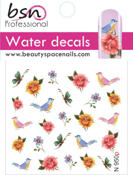 Stickers Adesivi Nail Art Water decals con uccellini, rose e fiori