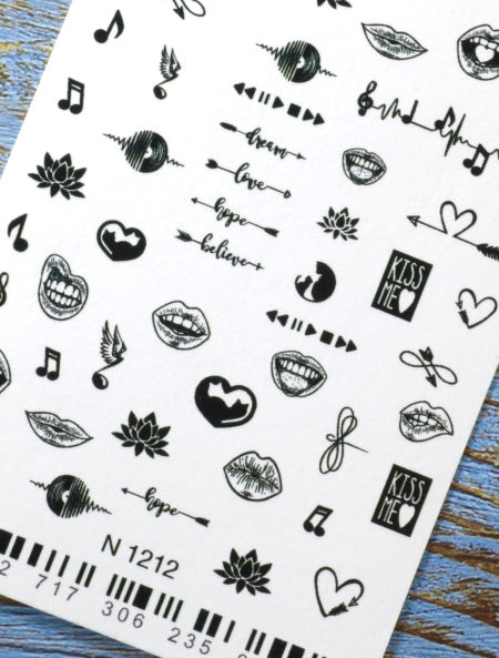 Stickers Adesivi Nail Art Water decals motivi cuori, note, bocche - black