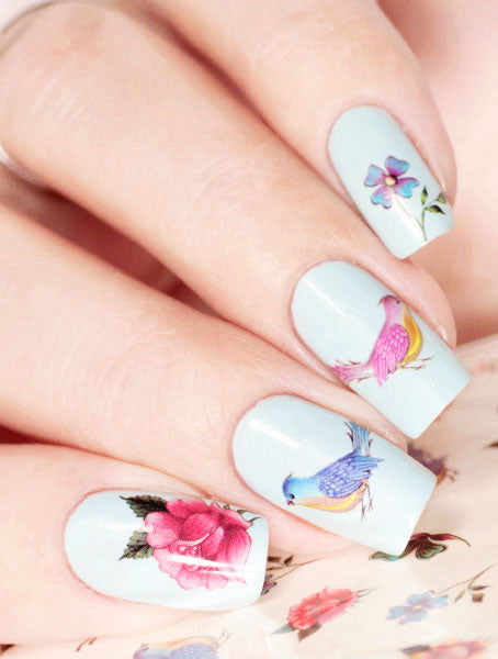 Stickers Adesivi Nail Art Water decals con uccellini, rose e fiori