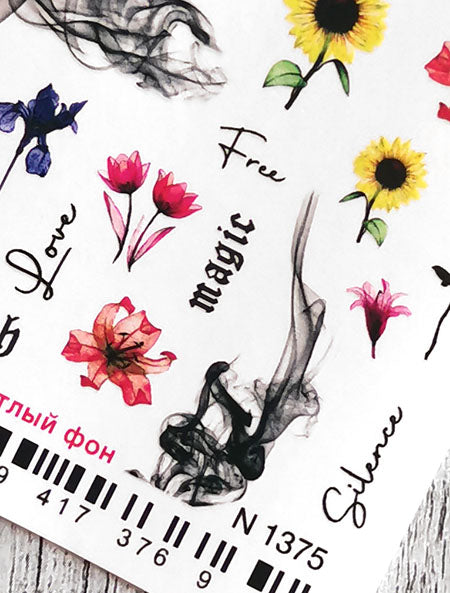 Stickers Adesivi Nail Art Water decals motivi fiori, girasoli, silence
