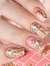 Water decals disegno pieno rosa con fiori e brillanti metal oro