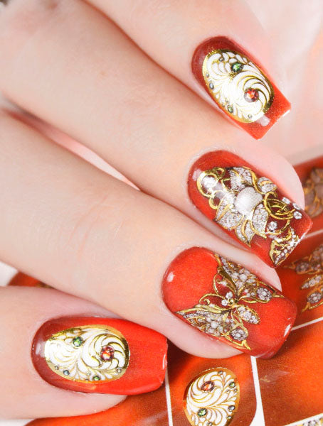 Water decals disegno pieno rosso con fiori e farfalle metal oro