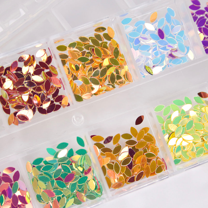 Box 12 decorazioni per unghie e nail art - foglie colorate cangianti